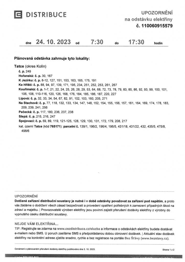 ČEZ - plánovaná odstávka - 24.10.2023