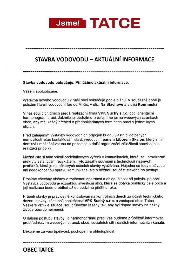 Stavba vodovodu aktuální informace