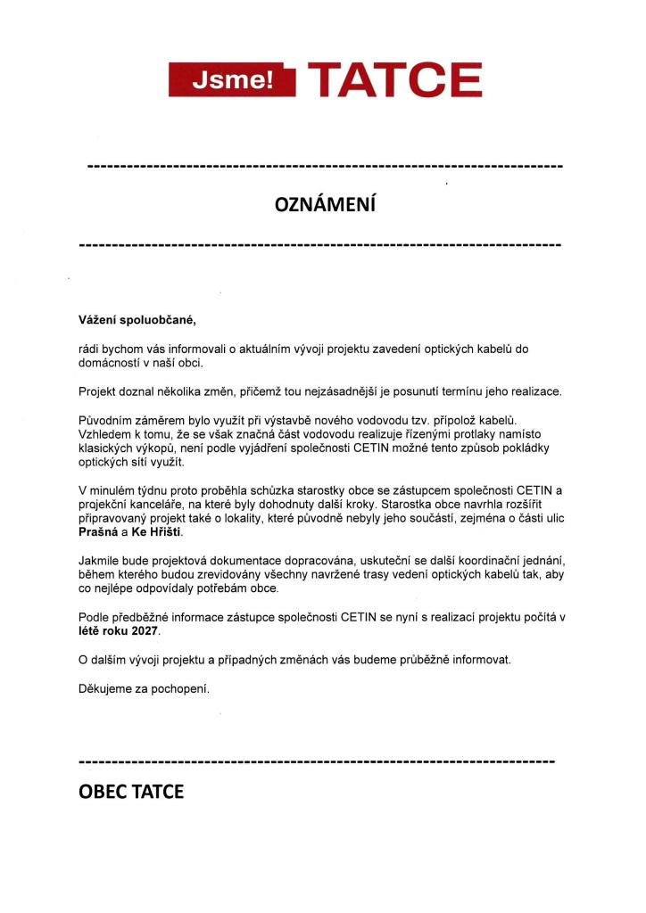 Oznámení - zavedení optických kabelů